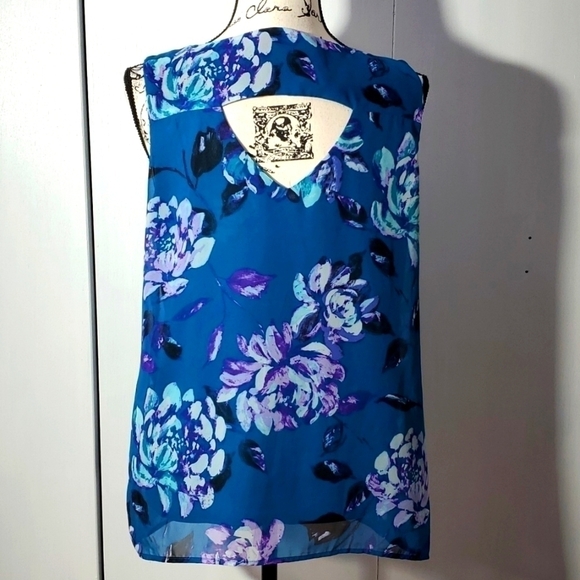 AB Studio Stunning Ruffle front Sleeveless Teal/purple Peekaboo Back floral s. L - Picture 3 of 5